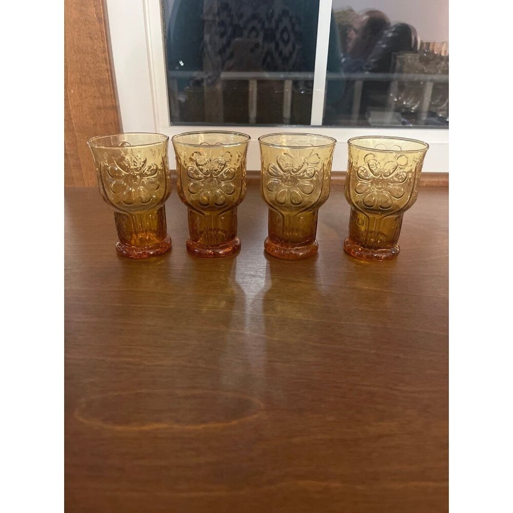 Libbey Country Garden Daisy Amber Gold 5" Glass Tumblers 12oz.